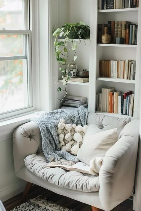 Cozy Corner Reading Nook Ideas for Book Lovers Living Room Designs With Reading Area, Master Reading Nook Cozy Corner, Seating Corner In Bedroom, Spare Room Reading Nook, Book Room Ideas Reading Areas, Tiny Seating Area, Teenage Reading Nook, Tiny Reading Room Ideas, Narrow Reading Nook