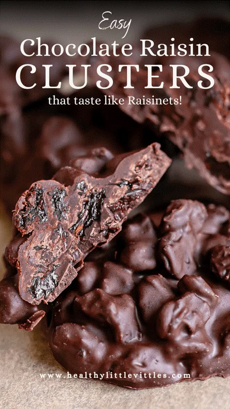 If you’re a fan of Raisinets you’re going to love this homemade dark chocolate version of the popular chocolate candy! Instead of individually coating each raisin in melted chocolate, these Easy Chocolate Raisin Clusters are an easier way to enjoy chocolate covered raisins, and are made with just 2 ingredients! Assorted Chocolates Recipes, Chocolate Raisin Clusters, What To Do With Raisins, Baking With Raisins, Chocolate Covered Raisins Homemade, Chocolate Covered Recipes, Desserts With Raisins, Dark Chocolate Recipes Homemade, Savory Chocolate Recipes