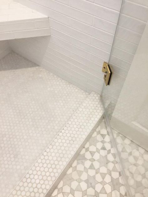 Gil Schafer Bathroom, Bathroom Limestone Floor, Becki Owens Bathroom, Floor And Decor Tile, Ceramic Tile Ideas, Adu Bathroom, Birch Decor, Aqua Tiles, Shower Curb