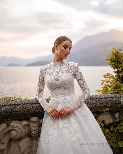 Arwen Wedding Dress | Como Collection 2023 | Anna Sposa by Anna Sposa Group. Stunning wedding dress with long sleewes. Elegant A-line lace wedding dress with a train. Wedding 2023 #wedding #weddingdress #bridetobe #bride #weddinginspiration Arwen Wedding, Long Sleeve Boho Wedding Dress, Sleeve Boho Wedding Dress, Wedding Dress High Neck, Dress With A Train, Long Sleeve Wedding Dress Boho, White Dress Formal, Princess Bridal, High Neck Wedding Dress