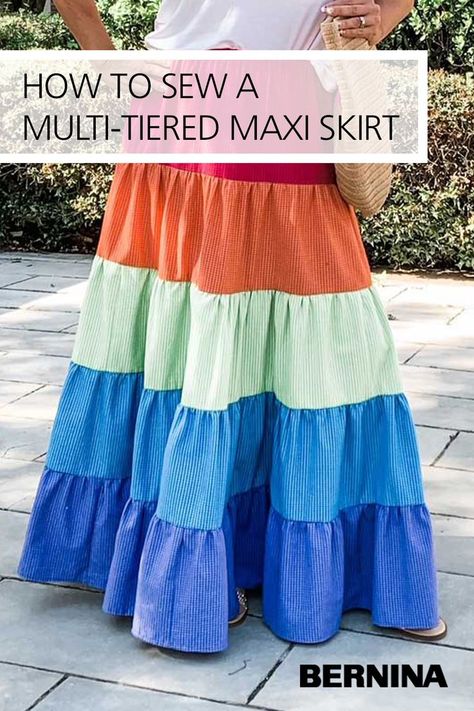 Fashion trends come and go, but one trend that never fully goes away is the multi-tiered maxi skirt. For good reason! They are fun to wear, can be dressed up or down, and are quite comfortable. Find the full tutorial on the blog at weallsew.com. Diy Tiered Skirt, Maxi Skirt Pattern Free, Sew Maxi Skirts, Maxi Skirt Sewing Pattern, Tiered Skirt Pattern, Tiered Dress Pattern, Ruffle Skirt Pattern, Long Skirt Pattern, Diy Maxi Skirt