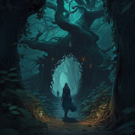 Dark Fantasy Tree Art, Mysterious Forest Art, Underground Forest Fantasy Art, Forest Town Fantasy Art, Dark Fantasy Forest Aesthetic, Dark Fantasy Forest Art, Dark Magical Forest Aesthetic, Dark Enchanted Forest Aesthetic, Dark Forest Aesthetic Night