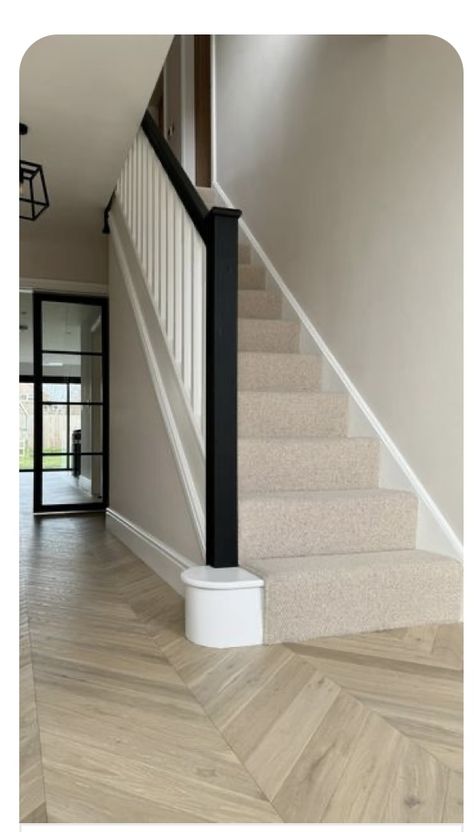 Neutral Hallway And Stairs, Charcoal Bannister, No Banister Stairs, Black And Neutral Staircase, Grey Handrail Stairs, Stairs With Paneling, Light Grey Staircase, 1930s House Interior Hallway, Best Carpet For Stairs And Landing