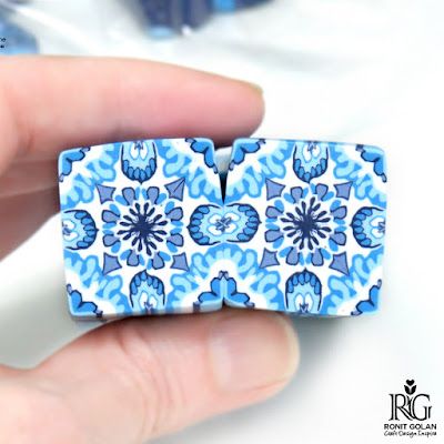 Polymer Clay Tiles How To Make, Clay Cutlery, Polymer Clay Tiles, Polymer Cane, Polymer Clay Beads Diy, Blue And White Tile, Polymer Clay Cane Tutorial, Clay Cane, Clay Canes