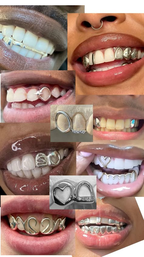 Cute Grills For Women, Female Grills, Tooth Gem Ideas, Gold Teeth Grillz, Teeth Gems, Silver Grillz, Pretty Teeth, Dental Jewelry, Grillz Teeth