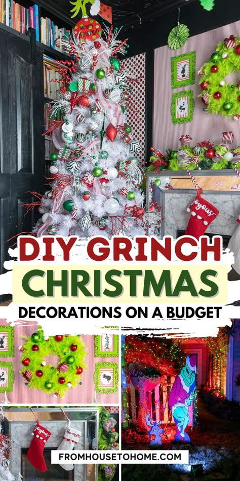 DIY Grinch Christmas decorations on a budget Grinch Decorations For Work, Diy Mount Crumpit Grinch, Whoville Stage Design, Whoville Christmas Tree Diy, Whoville Christmas Decorations Diy Decorating Ideas, Grinch Christmas Mantle, Grinch Xmas Decor, Grinch Cubicle Decorating Ideas, Grinch Cubicle Decorations