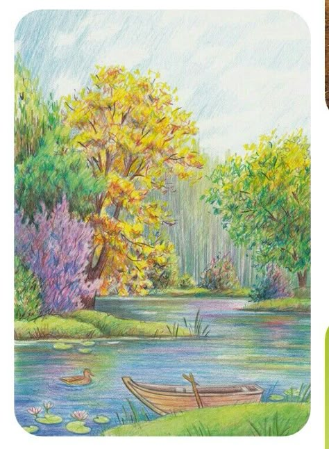 Drawing Ideas Landscape Pencil Colour, Colored Pencil Card Ideas, Drawing Color Pencil Ideas, Nature Colour Pencil Drawing, Drawing Of Nature Colour, Scenery With Pencil Colour, Pencil Color Scenery, Coloured Pencil Landscape Drawings, Colored Pencil Over Watercolor