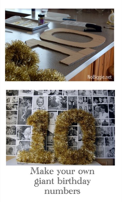 card party decorating ideas | You could also just spray paint the numbers and glitter them. That ... Diy Gold Decorations, Birthday Cardboard Ideas, Fireplace Birthday Party Decor, 30th Birthday Diy Decorations, Golden Birthday Decoration Ideas, Golden Birthday Ideas, Number Decorations, Party Tinsel, Cardboard Numbers