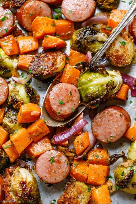 Sheet-Pan Maple-Dijon Sausage and Fall Veggies - #sheet-pan #sausage #fall #dinner #recipe #eatwell101 - A quick sheet pan dinner that is easy-to-make and full of Fall flavors! - #recipe by #eatwell101 Sausage And Fall Veggies, Sausage Healthy Dinners, Roasted Veggies Dinner, Fall Weather Dinner Ideas, Maple Dijon Sausage And Veggies, Fall Easy Recipes Dinners, Veggie Full Dinners, Best Recipes Ever On Pinterest, Winter Veggies Recipes