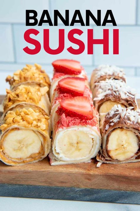 Chocolate Sushi, Banana Sushi Rolls, Sushi Dessert, Fruit Sushi, Banana Sushi, Easy Snacks For Kids, Diy Snacks, Snacks To Make, Summer Snacks