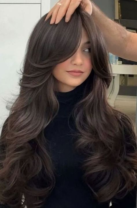 29+ Stunning Long Hair Styles with Layers and Curtain Bangs for a Trendy Look Layer Wavy Hair Long, Front Framing Haircut, Layers On Long Blonde Hair, Haircut Ideas For Long Hair Wavy, Brunette Hair Long Curtain Bangs, Brunette Hair Curtain Bangs Layers, Women’s Haircut Long Hair, Long Layers And Highlights Brunettes, Layer With Bangs Haircut