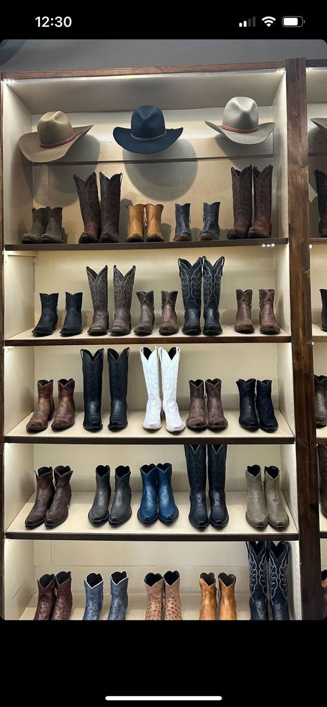 Cowboy Hats Aesthetic, Aesthetic Cowboy Boots, Boot Display, Hats Aesthetic, Boot Wall, Aesthetic Cowboy, Closet Renovation, Boots Store, Blue Roan