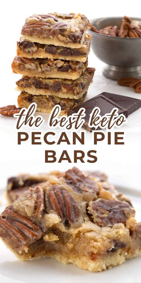 These keto pecan pie bars are so gooey and decadent, you won't believe they're sugar free! There's a reason these bars are one of my most popular keto dessert recipes. And at less than 5g of carbs, you can afford to indulge. The Original Keto Omg Bars, Keto Pecan Pie For Two, Keri Friendly Desserts, Keto And Dairy Free Desserts, Low Carb Pecan Pie Cheesecake Bars, Thanksgiving Dessert Keto, Keto Mini Pecan Pies, Carb Free Sweets, Keto Crumble Dessert