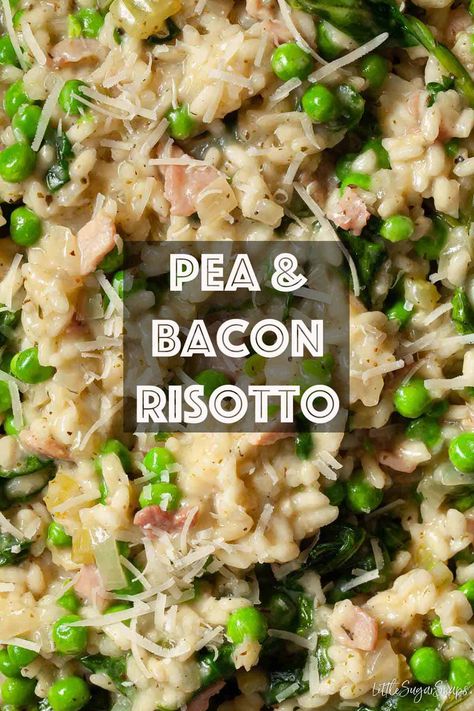 Pea and bacon risotto is an easy one-pot recipe that delivers a creamy and comforting meal. It's quick and simple to prepare - expect dinner on the table in around 40 minutes. Roast Frozen Broccoli, Bacon Risotto, Pea Risotto, Risotto Recipes Easy, Parmesan Pork Chops, Creamy Peas, Lemon Garlic Pasta, Instant Pot Rice, Cooking Stuff