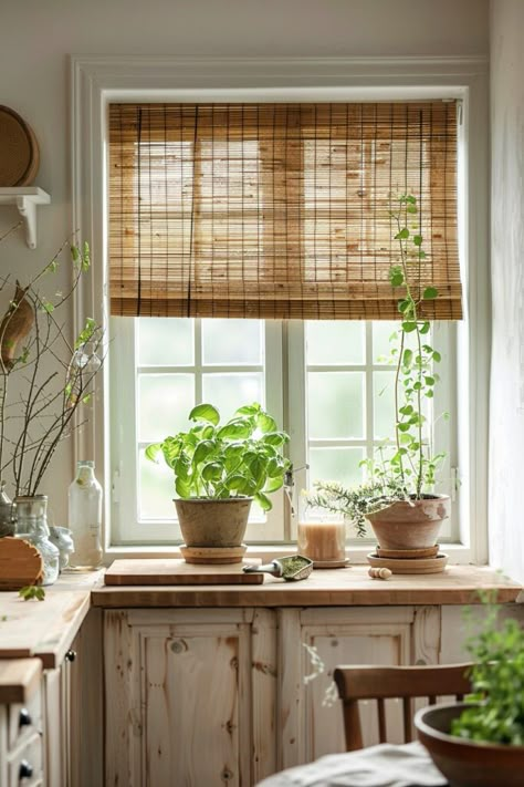 Boho Blinds And Curtains, Cottage Blinds And Curtains, Vintage Blinds For Windows, Rattan Window Shades, Curtains Kitchen Window Ideas, Boho Kitchen Window, Earthy Curtains, Privacy Curtain Ideas, Cottage Blinds