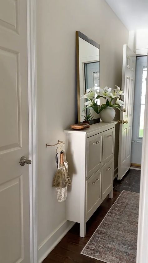 Hemnes Hallway Hack, Small Entry Hallway Decor, Ikea Entryway Shoe Storage, Entryway Shoe Storage Apartment, Home Entrance Decor Entryway Small Spaces, Apartment Shoe Storage Entryway, Enterance Idea Small Apartment, Hemmed Shoe Cabinet, Entryway Shoe Cabinet Decor