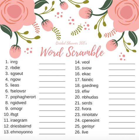 17 FREE Printable Bridal Shower Games | Bridal Shower 101 Bridal Food Ideas, Bridal Shower Charades, Bridal Shower Games Free Printables, Kitchen Tea Games, Bridal Shower Word Scramble, Bridal Jeopardy, Bridal Shower Games Free, Free Bridal Shower Games, Bridal Word Scramble