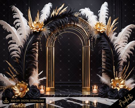 Gatsby Entrance, Great Gatsby Backdrop, Gatsby Backdrop, Old Hollywood Glam Wedding, Black And Gold Art Deco, Black Gold Art, Red Carpet Entrance, Black And Gold Art, Gatsby Party Decorations