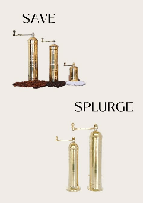 Two sets of brass salt and pepper grinders being compared as a save vs splurge set. Gold Pepper Mill, Gold Pepper Grinder, Gold Salt And Pepper Grinder, Salt Pepper Grinder, Brass Pepper Mill, Brass Salt And Pepper Mill, Brass Salt And Pepper Grinder, Sanderson House, Pitt Cooking