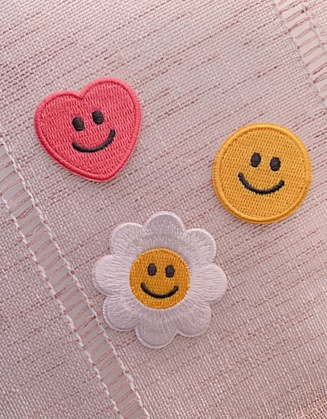 Smiley face patches to brighten your day! Find self adhesive & iron on patches in a variety of sizes & colors. #smileyface #patches . #Couture #Fabric_Stickers_For_Clothes #Iron_On_Patches_Ideas_Clothes_Diy #Patches_Iron_On Fabric Stickers For Clothes, Patches Iron On, Iron On Patches Ideas Clothes Diy, Clothes Patches Diy, Cute Patches For Jackets, Kidcore Patches, Cute Iron On Patches, Iron Patches On Clothes, Iron On Patches Ideas Clothes