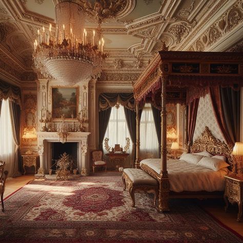 Castle Furniture Interiors, Buckingham Palace Bedroom, Castles Interior Bedroom, Royal Chambers Bedrooms, Luxury Bedroom With Fireplace, Russian Mansion Interior, 1700s Bedroom, 1800 Architecture, Bedroom Castle