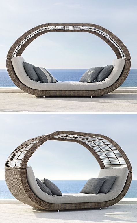 This somewhat covered daybed can have the top removed to allow more sun exposure on especially hot days or left in place to provide a bit of shade. Houseboat Bedroom, Outdoor Day Beds, Built In Daybed, Miami House, Island Restaurant, Day Beds, Bean Bag Bed, Backyard Hammock, Outdoor Space Design