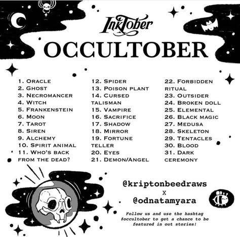 Occult Ritual, Inktober Prompts, Sketchbook Prompts, 30 Day Art Challenge, Art Journal Challenge, Drawing Challenges, Art Style Challenge, Art Journal Prompts, October Art