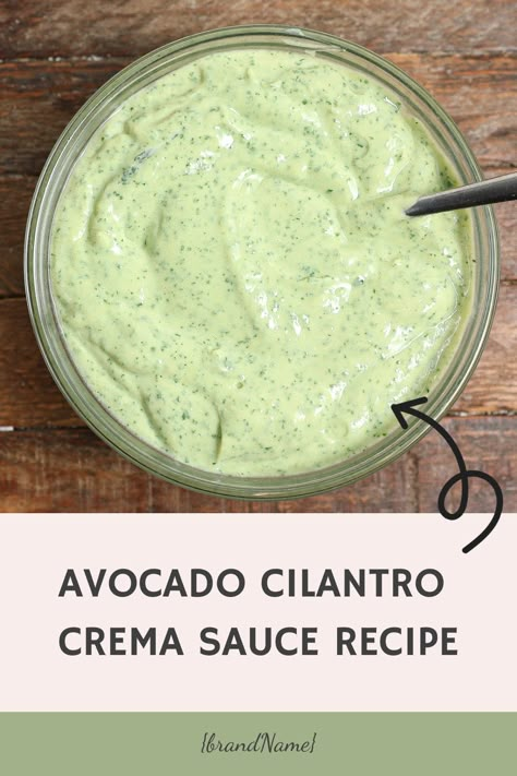 Avocado Cilantro Crema – Creamy avocado, zesty cilantro, and a hint of lime create a versatile sauce perfect for tacos, salads, or as a dip. Avocado Sauce For Steak, Creamy Avocado Cilantro Lime Dressing, Cilantro Lime Avocado Sauce, Creamy Avocado Sauce For Tacos, Bahama Breeze Cilantro Crema Recipe, Avocado Cilantro Lime Crema, Cilantro Avocado Crema, Avocado Cilantro Salsa, Avacodo Cilantro Crema