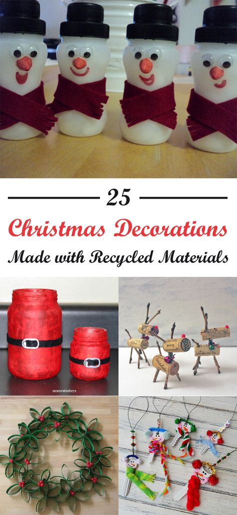 Christmas decorations don't have to break the bank. Use these homemade ideas for holiday decorating on the cheap. Recycled Decorations Christmas, Christmas Recycling Crafts, Recycling Christmas Decorations, Recycled Crafts Christmas Decorations, Art Projects Using Recycled Materials, Diy Recycled Christmas Decorations, Recycled Crafts For Christmas, Christmas Crafts With Recycled Materials, Recycled Christmas Tree Decorations