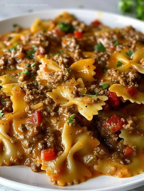 Delicious Homemade Hamburger Helper: A Family Favorite - Skod Gourmet Hamburger Helper, Comfort Food Recipes With Ground Beef, Homemade Hamburger Helper Beef Pasta, Venison Hamburger Helper, Baked Hamburger Helper, Ground Beef Bowtie Pasta Recipes, Hamburger Noodle Recipes, Meal With Hamburger Meat, Hamburger Pasta Recipes