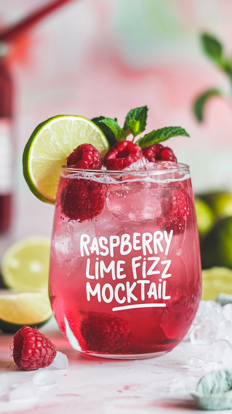 "Discover the ultimate Raspberry Lime Fizz Mocktail recipe for a refreshing  summer treat! This delightful non-alcoholic drink combines the tangy zest  of lime with the sweetness of fresh raspberries, making it the perfect  addition to your summer refreshments. Ideal for parties, this easy mocktail  idea is a hit among fruit fizz recipes. Impress your guests with this  vibrant Raspberry Lime Mocktail that everyone will love! Cheers to  delicious non-alcoholic drinks!" Spring Drink Recipes Nonalcoholic, Mocktails For Parties, Drinks For Teenage Party, Breakfast Non Alcoholic Drinks, Picnic Drink Ideas Non Alcoholic, Fizzy Drinks Non Alcoholic, Mocktail Ideas Wedding, Thai Drink Recipes, Mocktail Recipe Summer