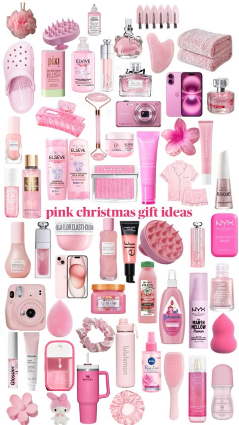 Pink Christmas Basket Ideas, Pink Stocking Stuffers, Pink Christmas Gift Ideas, Pink Gifts Ideas, Teen Gifts Ideas, Xmas Gift Ideas For Teens, Pink Christmas Basket, Xmas List Ideas Teens, Girly Christmas List