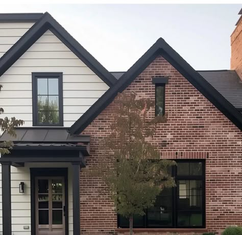 Brick Bungalow Exterior, Brick And Siding Exterior, Red Brick Exteriors, Deck Railing Ideas, Siding Ideas, Contemporary House Exterior, Bungalow Exterior, Railing Ideas, Red Brick House