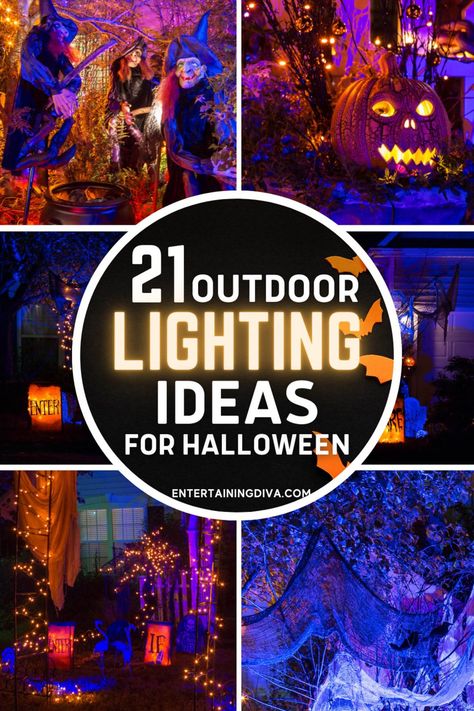 21 Outdoor Lighting Ideas For Halloween | Holidays Halloween Lights Outdoor Porch, Spooky Outdoor Halloween Decorations, Lights Decoration Ideas, Front Yard Halloween, Halloween Pumpkin Painting Ideas, Halloween Disco, Halloween Pumpkin Painting, Halloween Lighting Outdoor, Painted Pumpkin Ideas