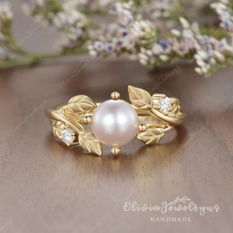 6mm Natural Pearl Ring Yellow Gold Akoya Pearl Engagement Ring Vintage Leaf Ring Round Cut Art Deco Pearl Ring Dainty Bridal Gold Ring - Etsy Pearl Ring Designs Unique, Pearl And Diamond Engagement Ring, Pearl Engagement Ring Vintage, Pearl Ring Design, Pearl Ring Gold, Delicate Gold Bracelet, Pearl Wedding Ring, Natural Pearl Ring, Gold Earrings Wedding