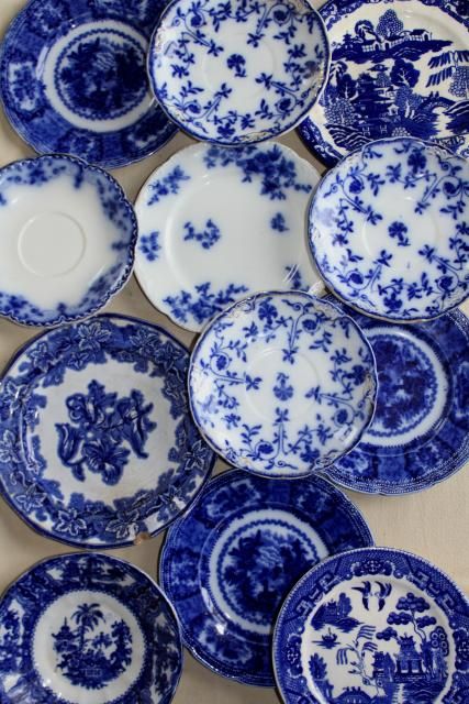 antique vintage flow blue & white china, instant collection of 12 plates saucers Vintage China Patterns, Blue White China, Flow Blue China, Blue And White Dinnerware, Blue Dishes, Blue White Decor, Vintage Blue And White, White Dinnerware, White Plate