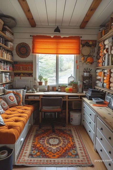 Craft Lounge Room, Retro Art Studio, Reading And Craft Room, Hobby Room Inspiration, Bohemian Craft Room, Cozy Craft Room Reading Nooks, Cottage Art Studio, Hobby Room Design Small Spaces, Eclectic Craft Room