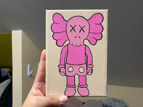 Pink Kaws Canvas Painting, Pink Kaws Painting, Klaws Painting Canvas, Pink Kaws, Kaws Painting, Disney Canvas Art, Disney Canvas, Cute Canvas Paintings, Cartoon Painting