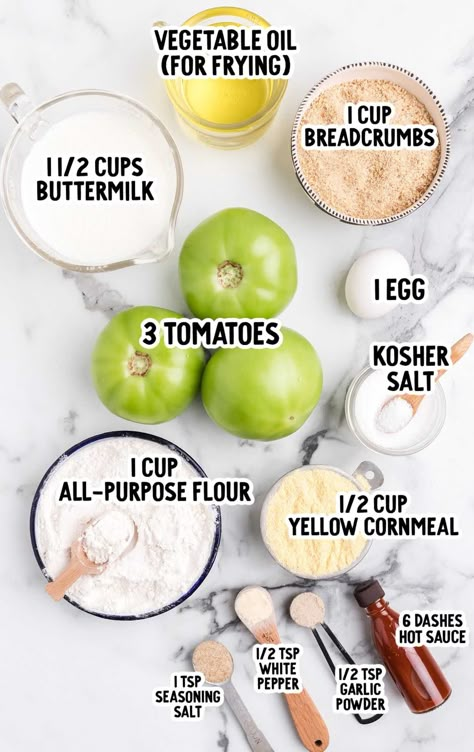 fried green tomatoes raw ingredients that are labeled Fried Green Tomatoes Recipe Easy, Southern Fried Green Tomatoes, Fried Green Tomatoes Recipe, Fried Pickles Recipe, Green Tomato Recipes, Southern Cooking Recipes, Fried Tomatoes, Spaceships And Laser Beams, Tomatoes Recipe