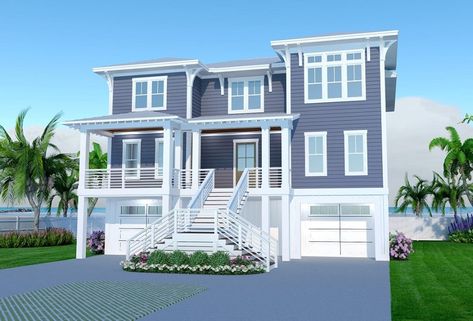 Crescent Beach 3 Story Beach House, House Plans On Stilts, Narrow Beach House Plans Coastal Homes, Narrow Beach House Plans On Stilts, Elevated House Design, Exterior Beach House, Beach Homes Plans, Stilt House Plans, Beach House Plans Coastal Homes Elevated