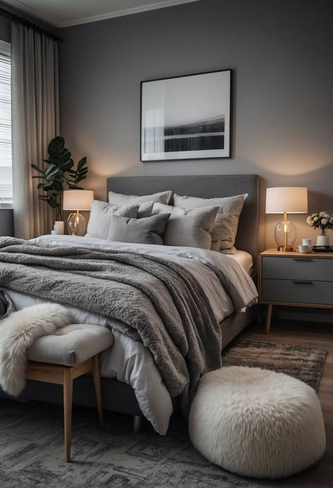 Grey Headboard Accent Wall, Grey Wall Color Bedroom, Medium Gray Bedroom Walls, Gray Paint For Bedroom Walls, Gray Furniture Bedroom Color Combos, Grey Bedroom White Furniture, Grey Room Asthetics, Gray And Wood Bedroom Ideas, Grey Accent Bedroom