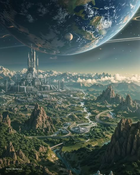 🌌Orbiting Oasis: The Floating World 🌠🌳 The Orbiting Oasis is a vast floating platform circling a massive Earth-like planet. On this grand structure, futuristic cities intermingle with expansive forests and serene lakes, creating a paradise in the sky. Nearby, smaller Earth-like planets orbit the giant, their populations visiting the Oasis for its unique blend of advanced living and natural beauty. This floating world stands as a testament to human achievement, providing a peaceful and prospe... Planets Orbit, Scifi Artwork, Earth City, Future Earth, Futuristic Cities, The Floating World, Futuristic Building, Floating Platform, Science Fiction Artwork