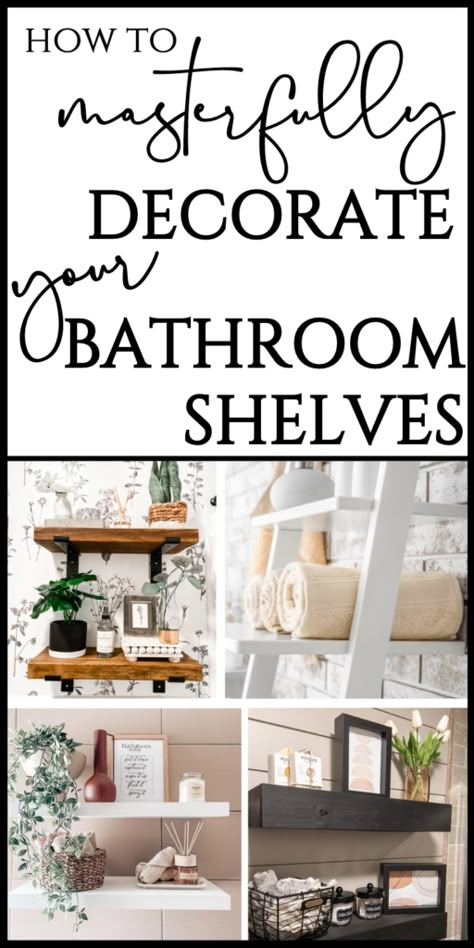 Are you looking for bathroom shelf ideas? Here’s the full rundown on how to determine what kind, where to place, and how decorate your shelves as well as tips for how to install them! The good news is that it’s doable for any homeowner, at any skill level. Keep reading for clever ways to incorporate bathroom shelving, decorating ideas, and how make them look amazing in current, trending styles! Decorating Bathroom Shelves, Shelves Over Toilet, Bathroom Shelves Over Toilet, Bathroom Shelf Decor, Floating Shelves Bathroom, Decorating Bathroom, Up House, Diy Bathroom Decor, Modern Bathroom Decor