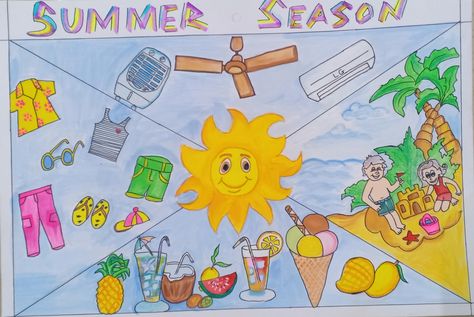 Summer Season Chart Preschool, Summer Season Drawing For Kids, Summer Season Images, Summer Season Drawing, Season Images, School Project Ideas, Seasons Project, Seasons Chart, Pakistan Defence