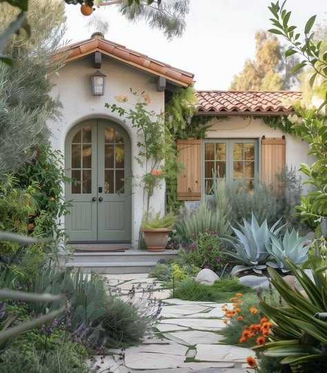 Mediterranean Tiny House Spanish Style, Bougainvillea House Exterior, Classic Spanish Home, Small Mediterranean Homes, Spanish Cottage, Spanish Exterior, Spanish Home Decor, Australia House, Spanish Colonial Revival