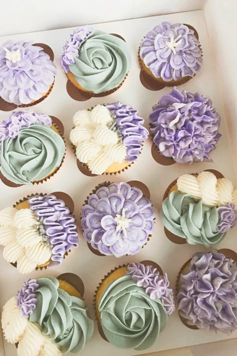 Lavender and sage green wedding cupcake design ideas with buttercream frosting Lavender And Seafoam Wedding, Lavender Wedding Cake With Cupcakes, Pale Purple And Green Wedding, Emerald Green And Light Purple Wedding, Lavender And Succulent Wedding, Lavender And Sage Decor, Lilac And Green Wedding Decor, Green And Light Purple Wedding, Lavender And Sage Balloon Garland