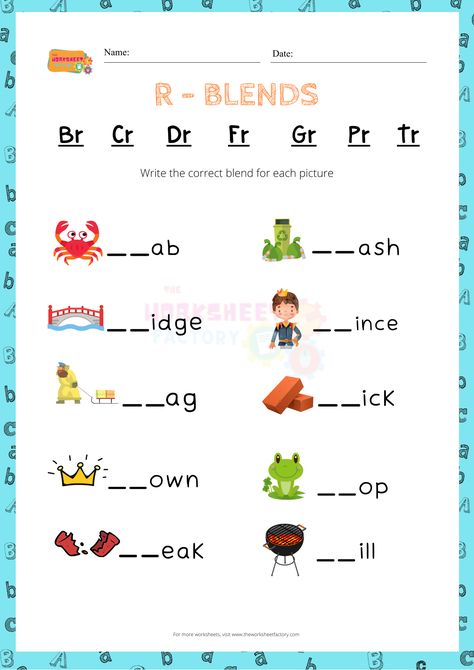 R-Blends – Writing – The Worksheet Factory R Blends Worksheets, Phonics Sounds Chart, Consonant Blends Worksheets, R Blends, Math Models, English Grammar For Kids, Adjective Worksheet, Blends Worksheets, 1 Worksheet