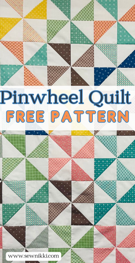 pinwheel quilt pattern by Sew Nikki Free Simple Quilt Patterns, Pinwheel Quilt Block Pattern, Pinwheels Quilt Pattern, Pinwheel Block Size Chart, Pinwheel Pattern Quilt, Pinwheels Quilt, Free Pinwheel Quilt Pattern, Pin Wheel Quilt Patterns Free, Pinwheel Quilt Patterns