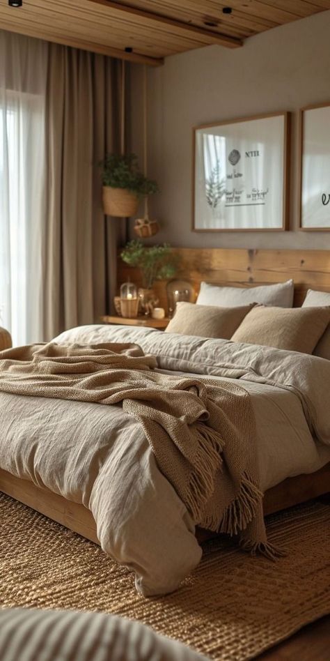 Farmhouse Beige Bedroom, Tan Bedroom Ideas Neutral Tones Cozy, Earthy Bedding Ideas, Neutral Cozy Home Decor, Warm Brown Bedroom Ideas, Warm Home Aesthetic Bedroom, Brown Cozy Bedroom, Neutral Warm Bedroom, Warm Aesthetic Bedroom