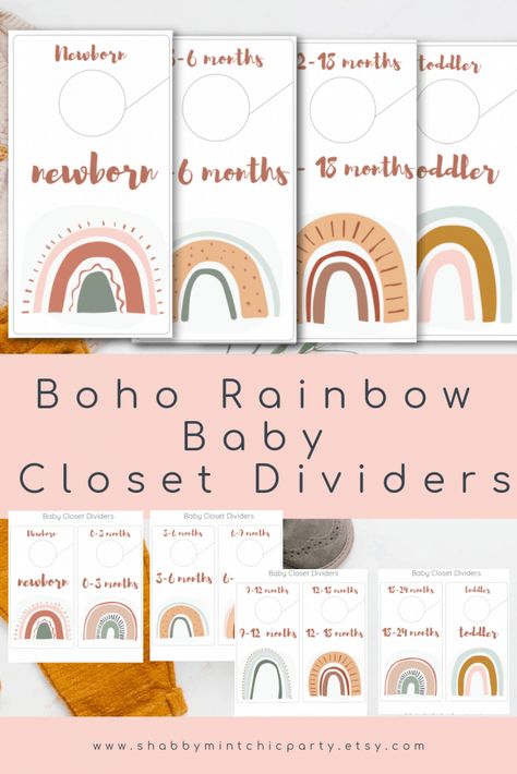 Twin Nursery Room, Free Printable Rainbow, Boho Baby Gifts, Baby Clothes Dividers, Neutral Closet, Nursery Diy Projects, Boho Closet, Closet Nursery, Nursery Closet Dividers